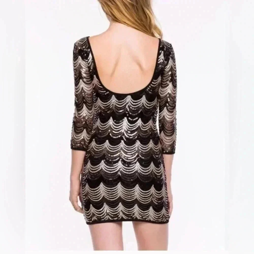 Sequined Black and Silver Scoop-Back Mini Dress